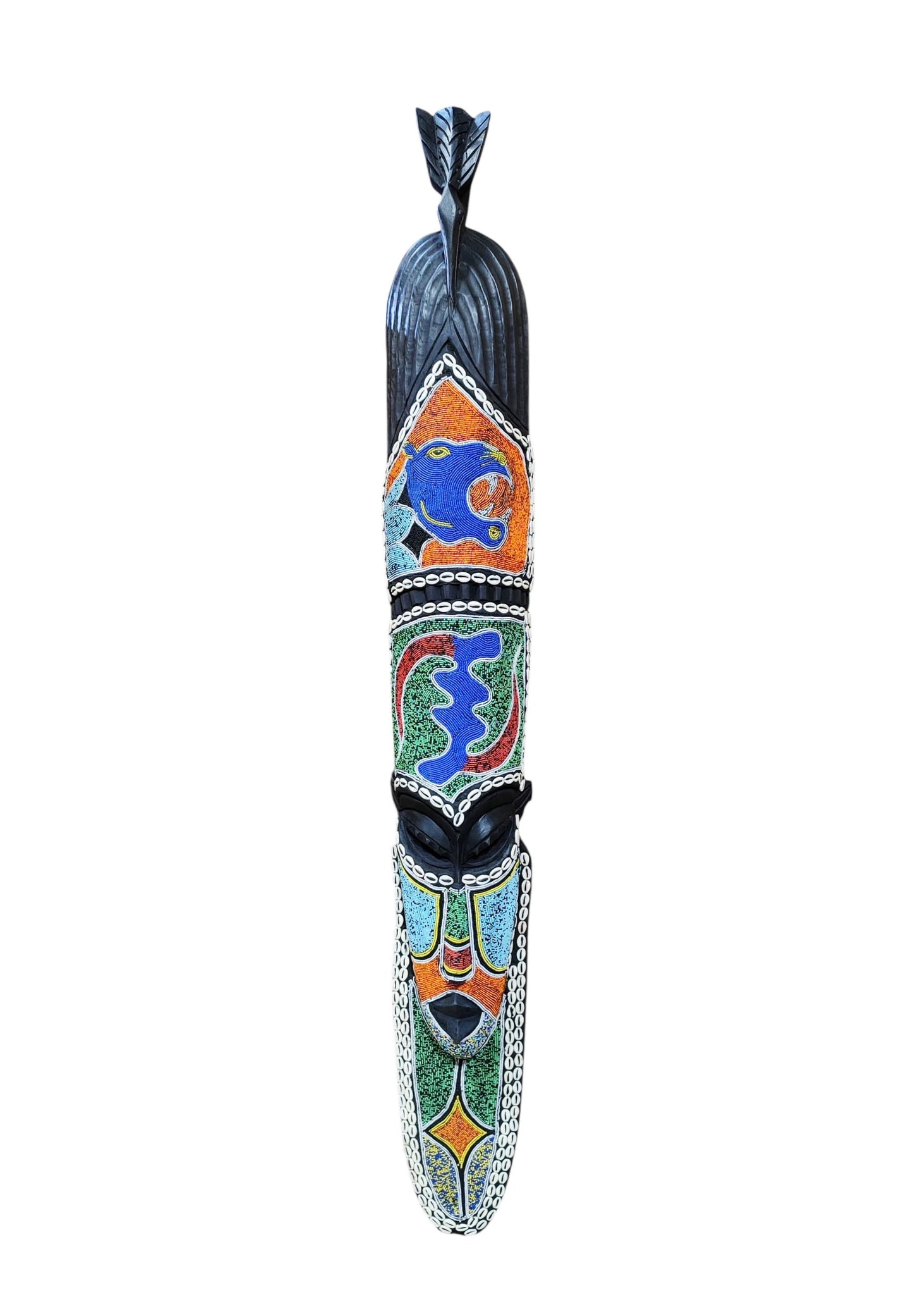 #6836 Large African Beaded Ghana Bakota Hand Carved Mask Wall Art 62.5" H