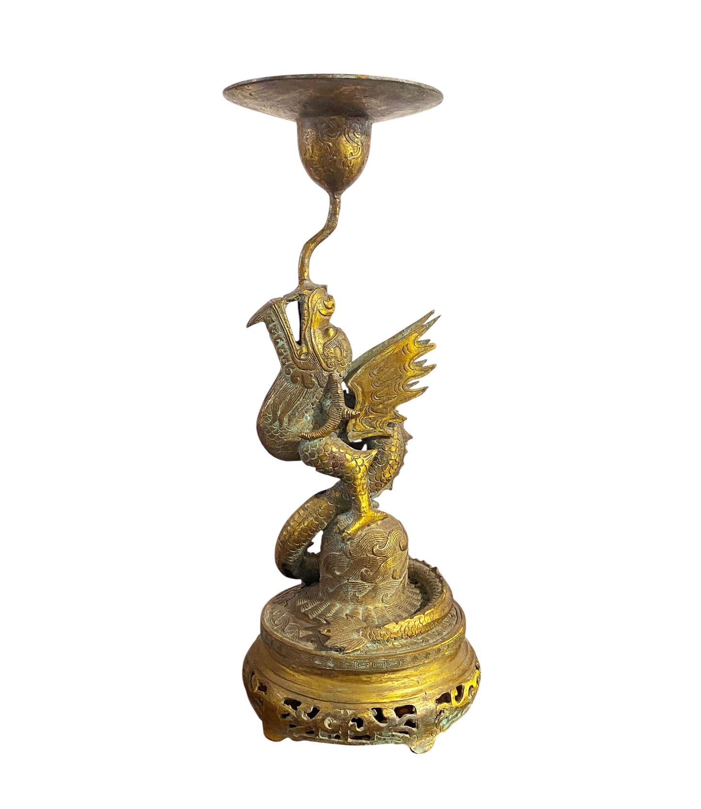 #6595 Vintage Chinoiserie Bronze Candle Holder With Dragon 17" H