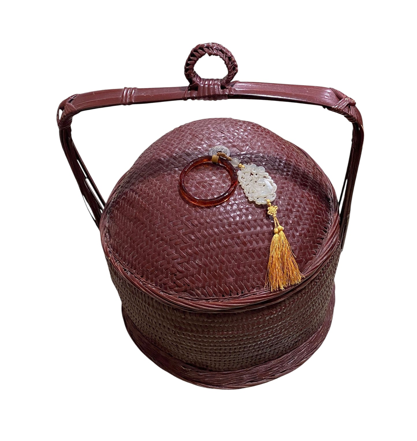 #661 Vintage chinoiserie woven wicker storage basket 17"