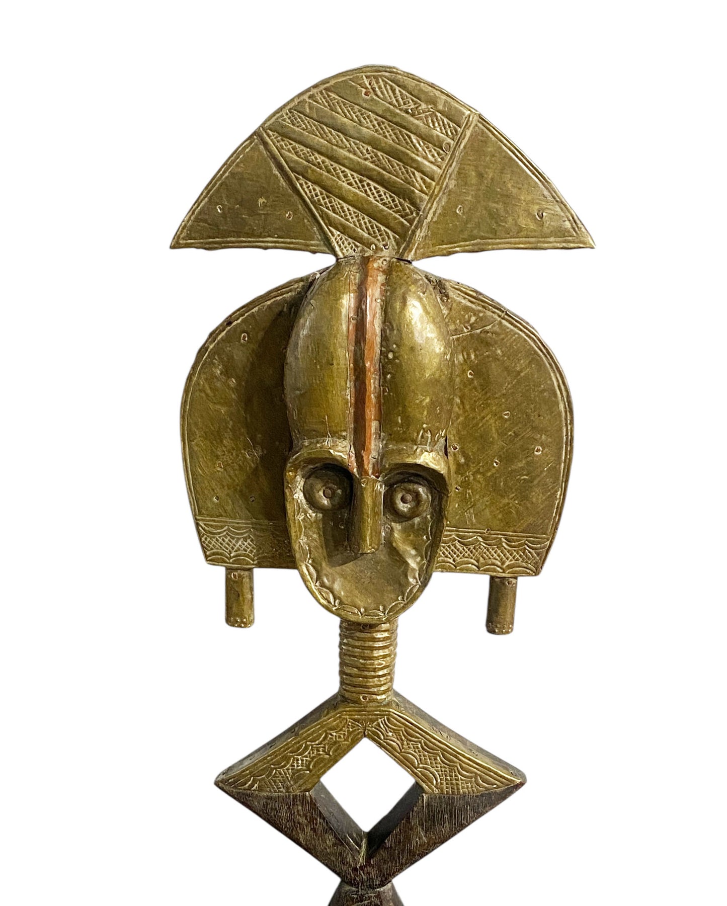 #1174 VTG Bakota Brass and wood Sculpture w/Stand 23" H