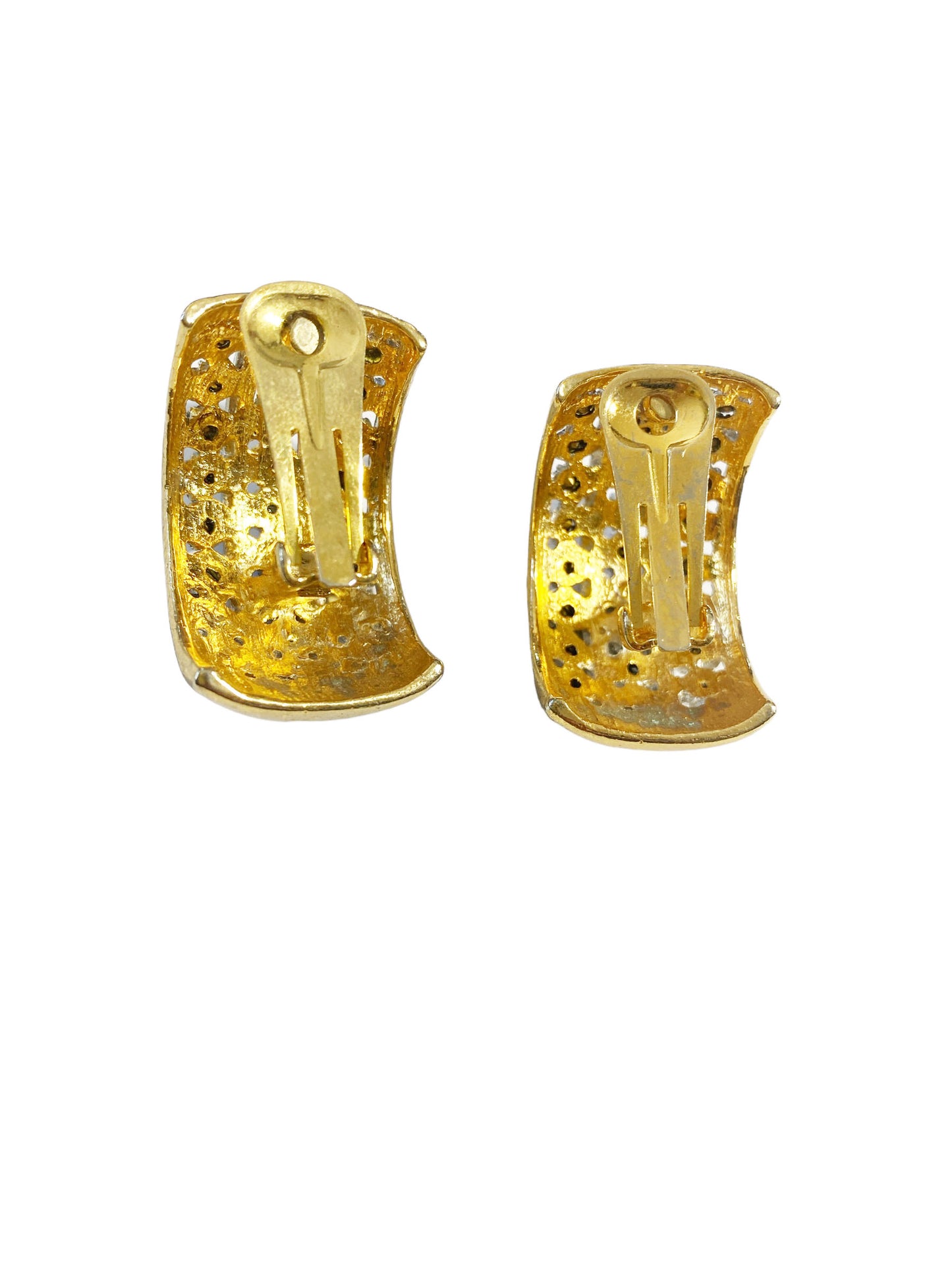 #7144 Vintage Pave Rhinestone Clip On  Earrings  Half Moon Hoop Gold Tone