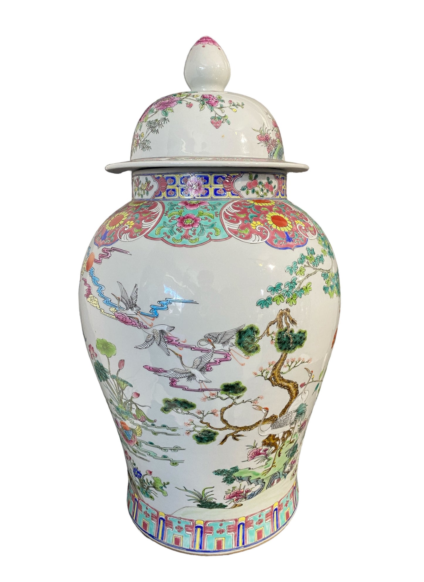 #5949 LG Chinoiserie  Famille Rose Porcelain Ginger Jar 26" H