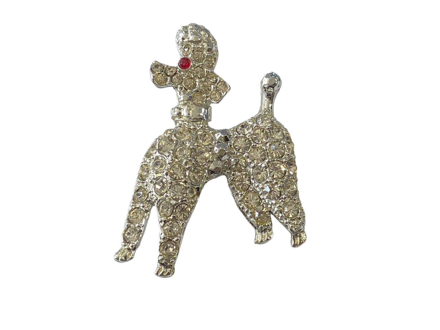 #6114 Vintage Rhinestone Poodle Brooch Pin Silver Tone - Dog