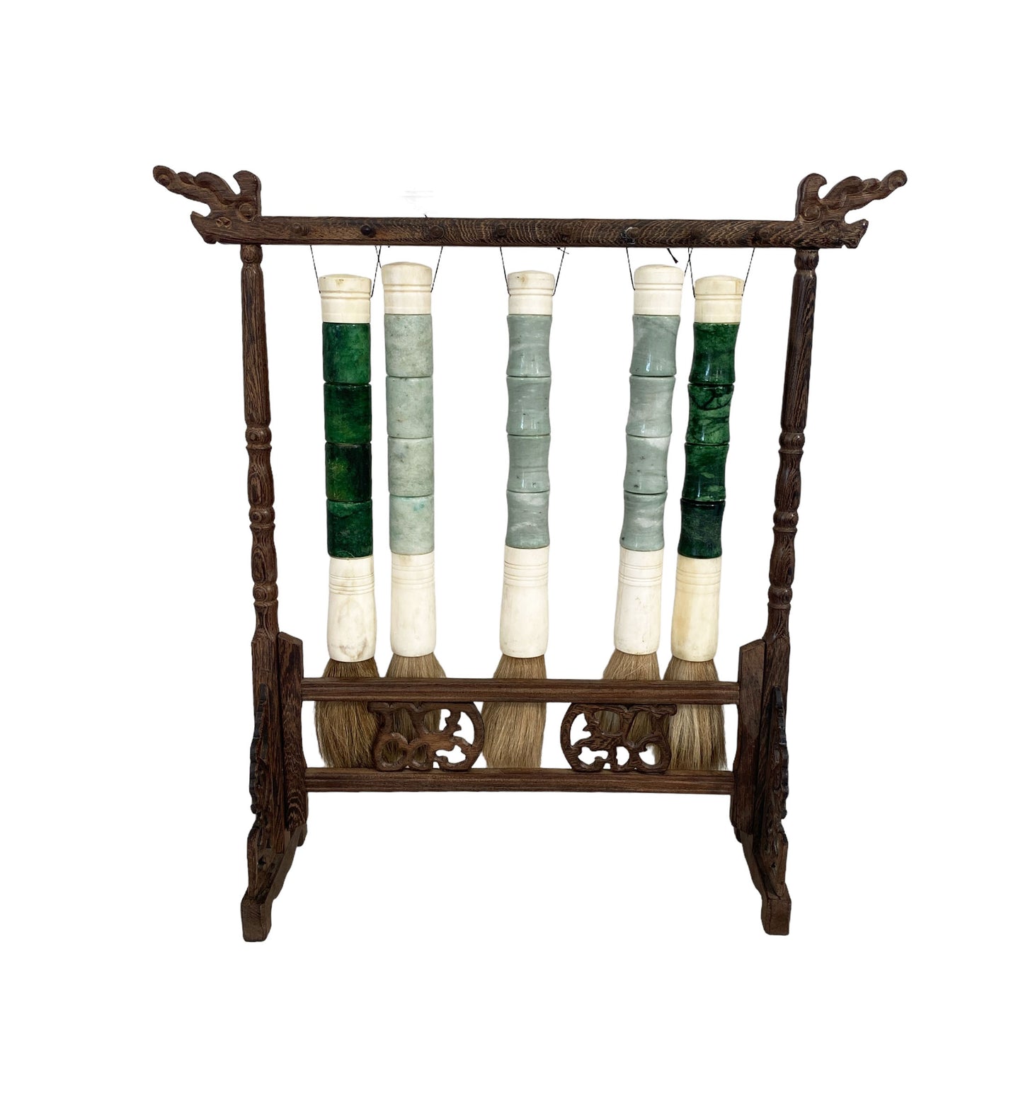 #6135 Chinoiserie Chicken Wood Stand With Five Calligraphy Brushes 19" H