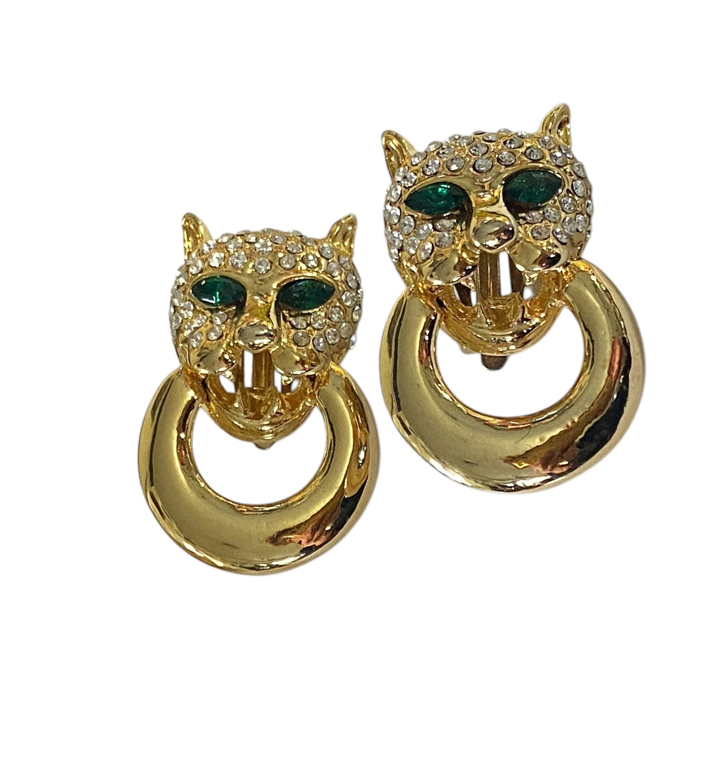 #5936 Vintage Panther Motif Dangle Earclips  Gold tone