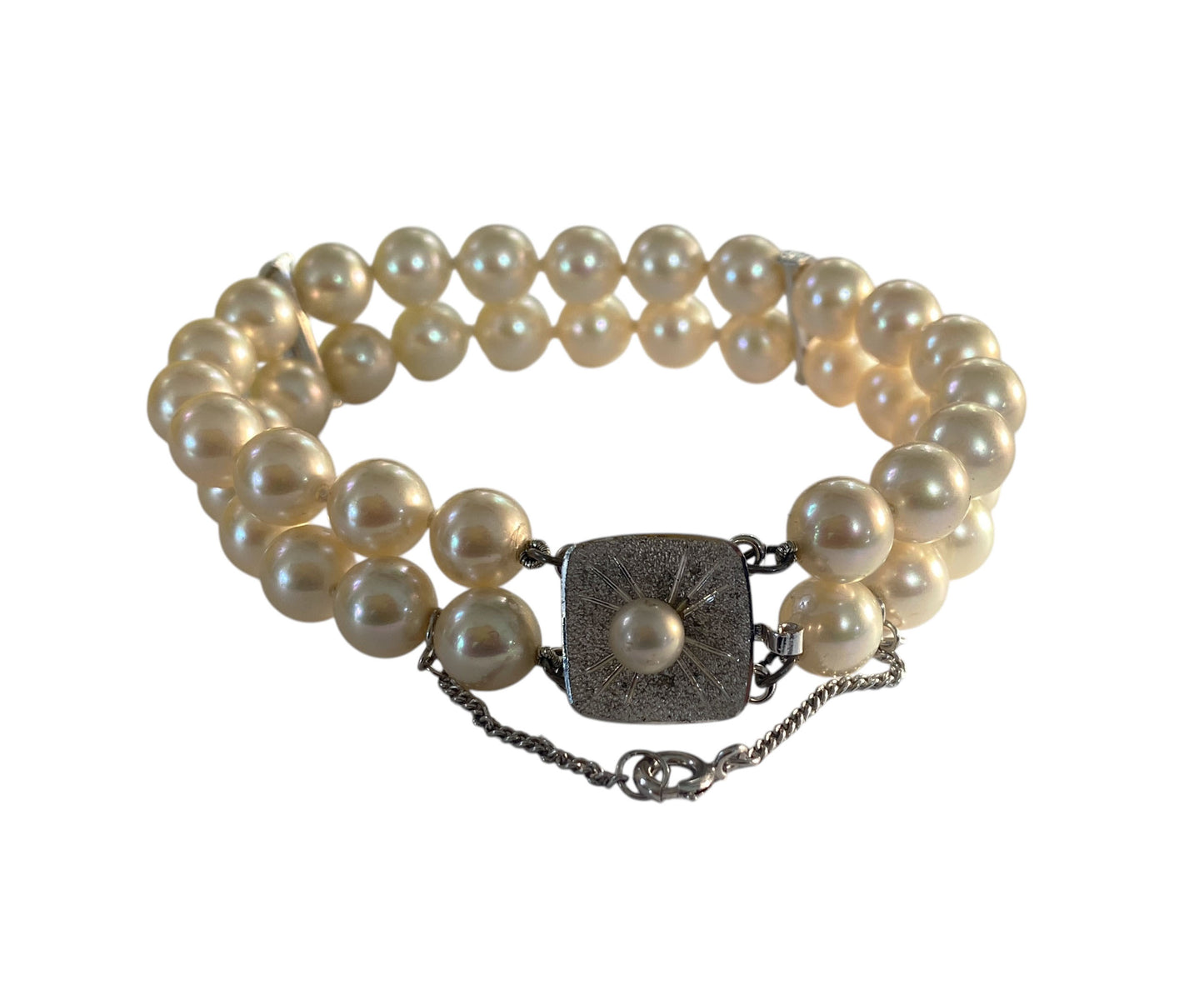 #6295 Vintage Czech Two Strand Pearl Bracelet With Faux silver tone  Diamond Clasp 8"