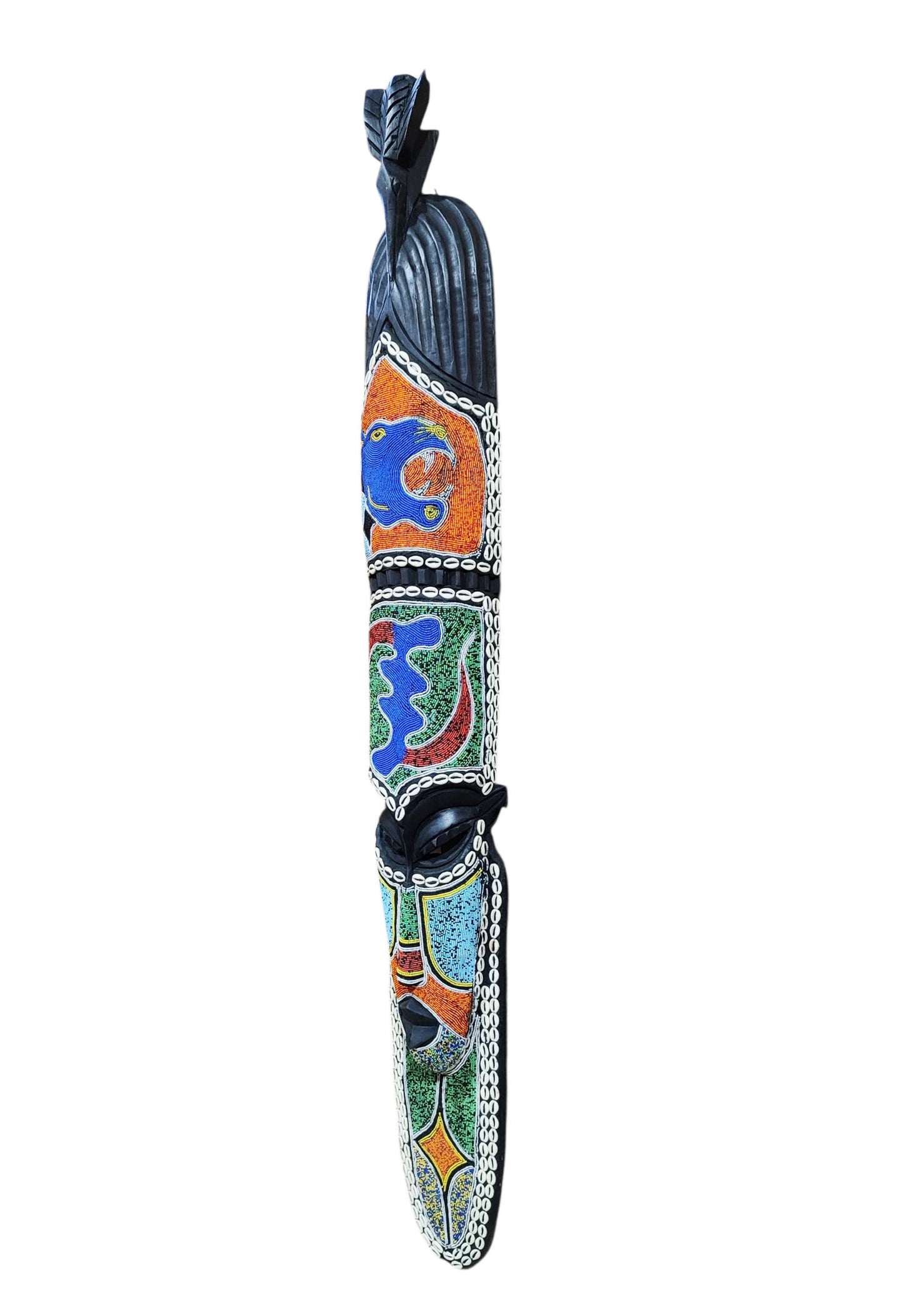 #6836 Large African Beaded Ghana Bakota Hand Carved Mask Wall Art 62.5" H