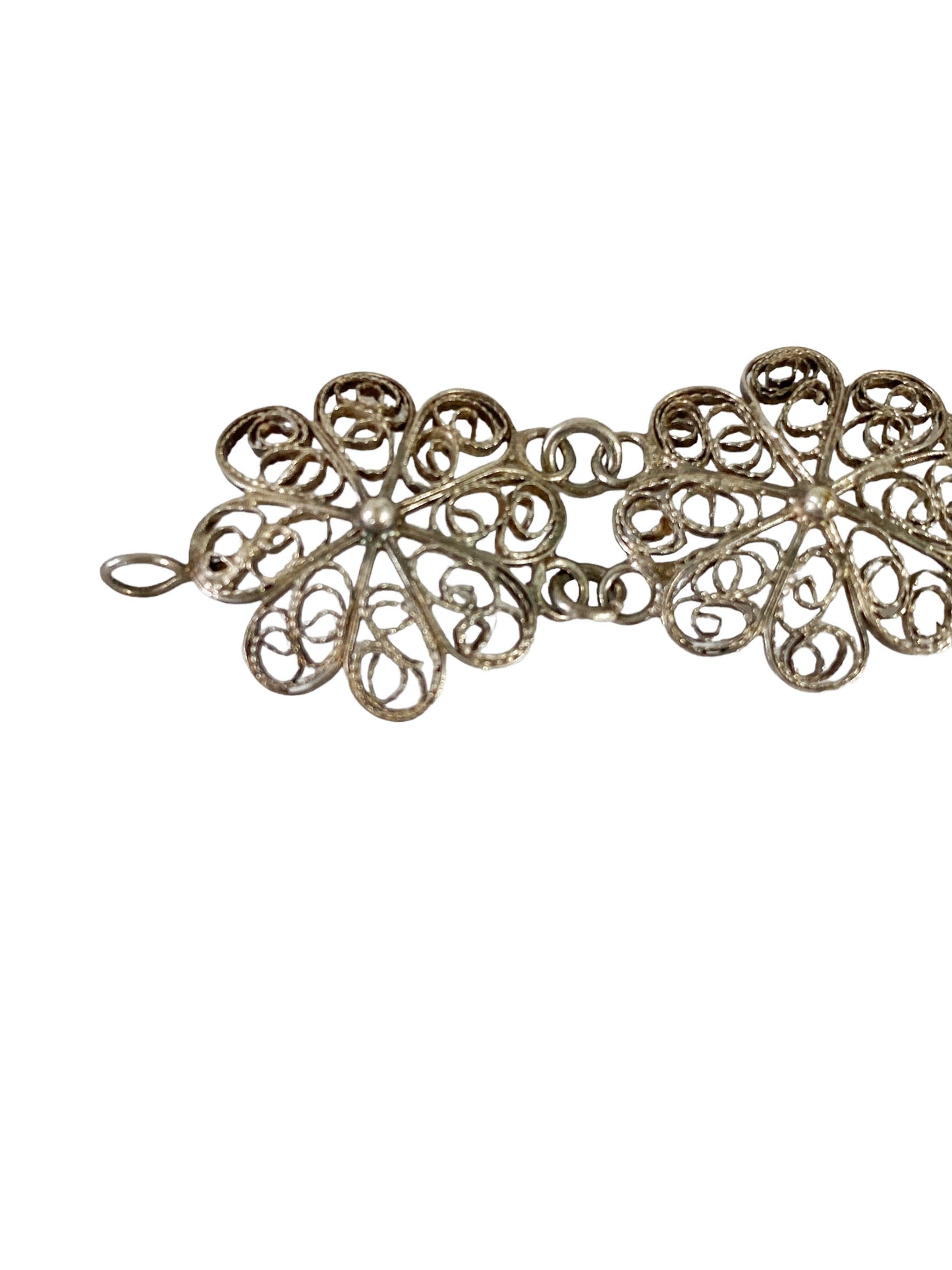 #7250 Vintage Silver Portuguese Floral Filigree Panel Link Vintage Bracelet