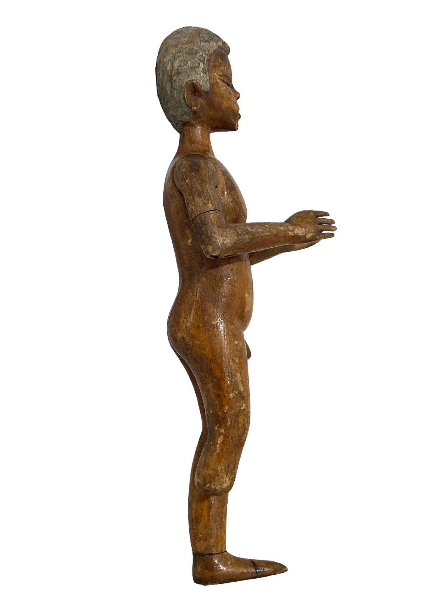 #5606 19th C wooden standing Figure of a Boy 12.25" H