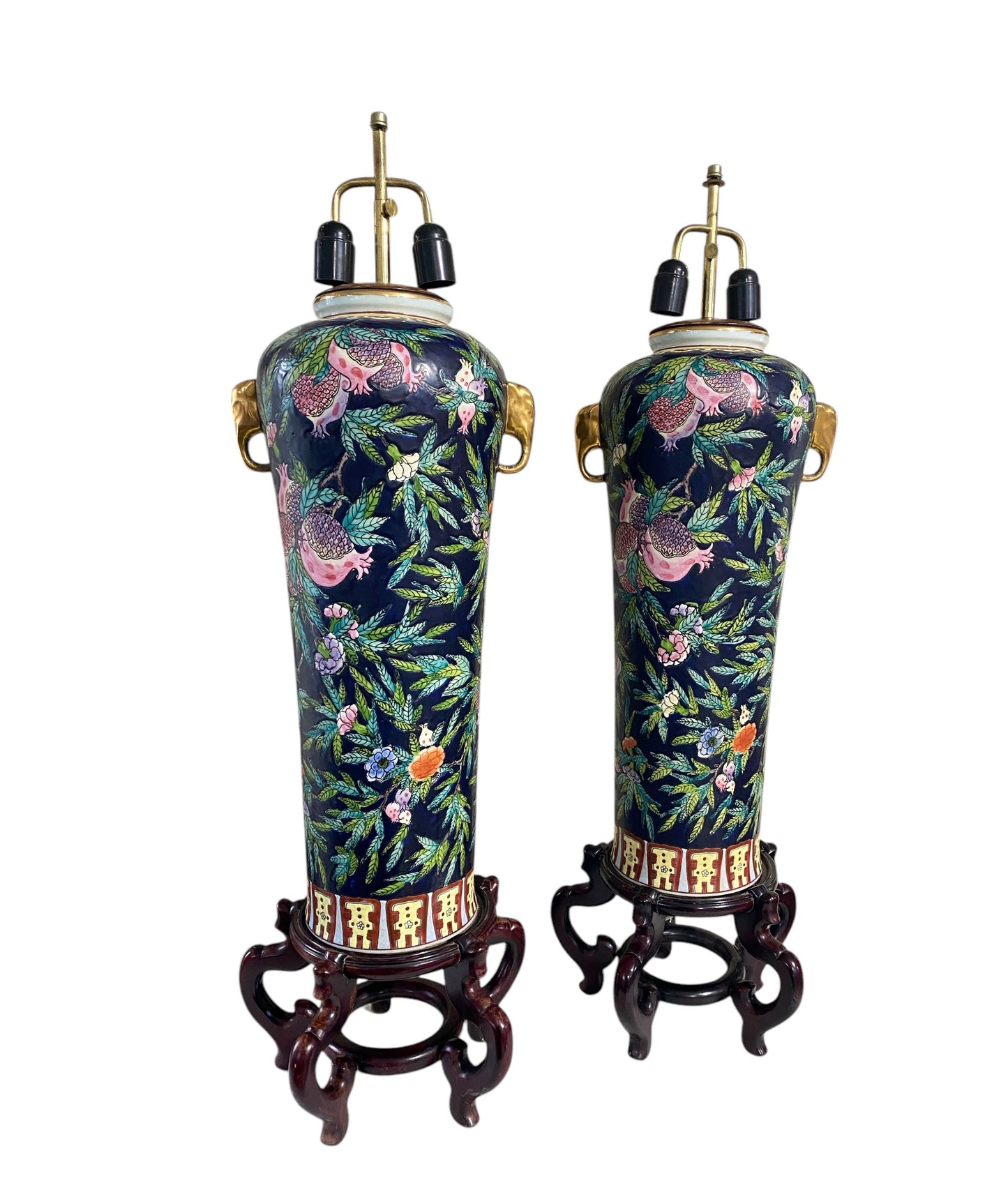 #6416 Vintage Pair of Chinoiserie Porcelain Famille Rose lamps on stands 39" H