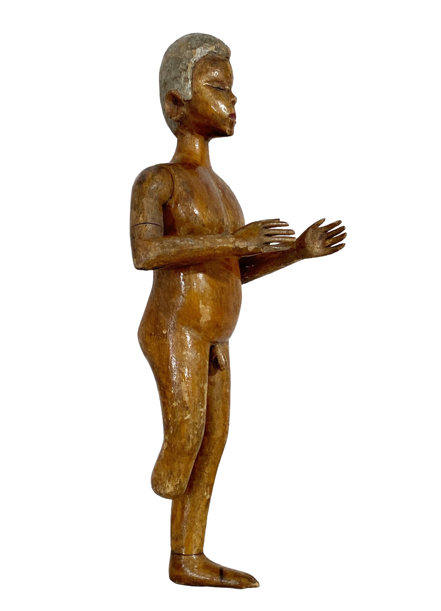 #5606 19th C wooden standing Figure of a Boy 12.25" H