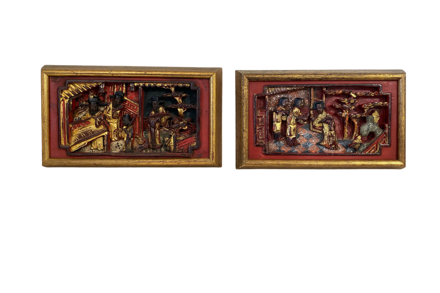 #6216 Antique Chinoiserie Wall Hanging Set of Two Plaques/Panels Framed .