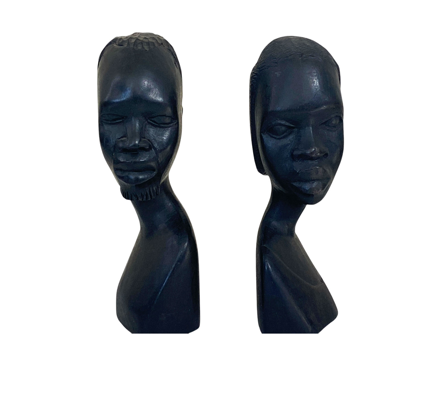 #6377 Vintage African Ebony Wood Man And Woman Sculpture Bust Black Folk Art 6.75" h