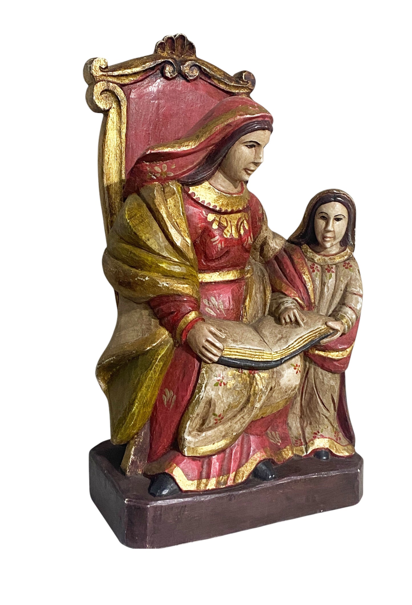 #193 Superb South American circa 1950 hand carved wood St Anne teaching Child Mary