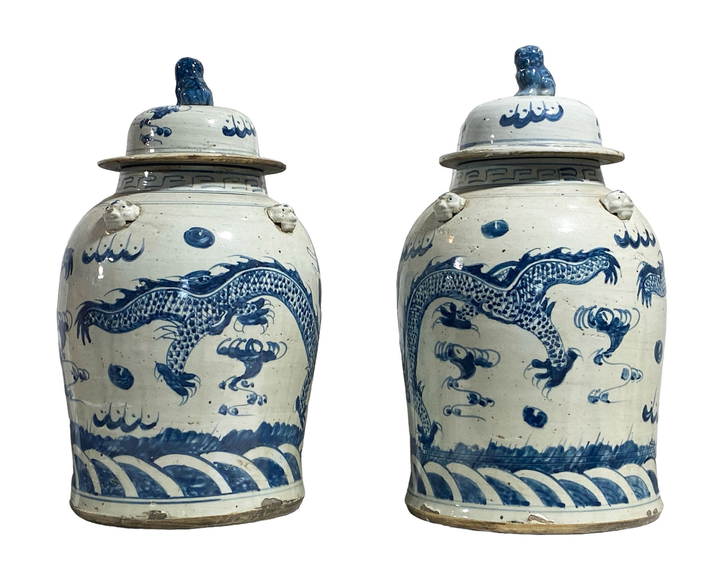 #6099 Large Chinoiserie Dragons Ginger Jars pair 18" H