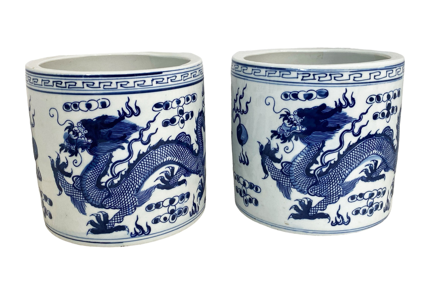 #7255 Chinoiserie Blue & White Porcelain Brush Holder/Cachepots/Vases Set Of Two