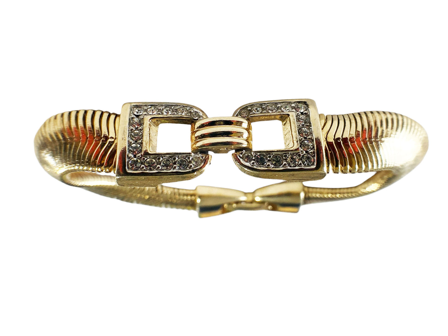 #6197 Vintage Gold Tone  Weave Link Diamond Bow Bracelet 8"