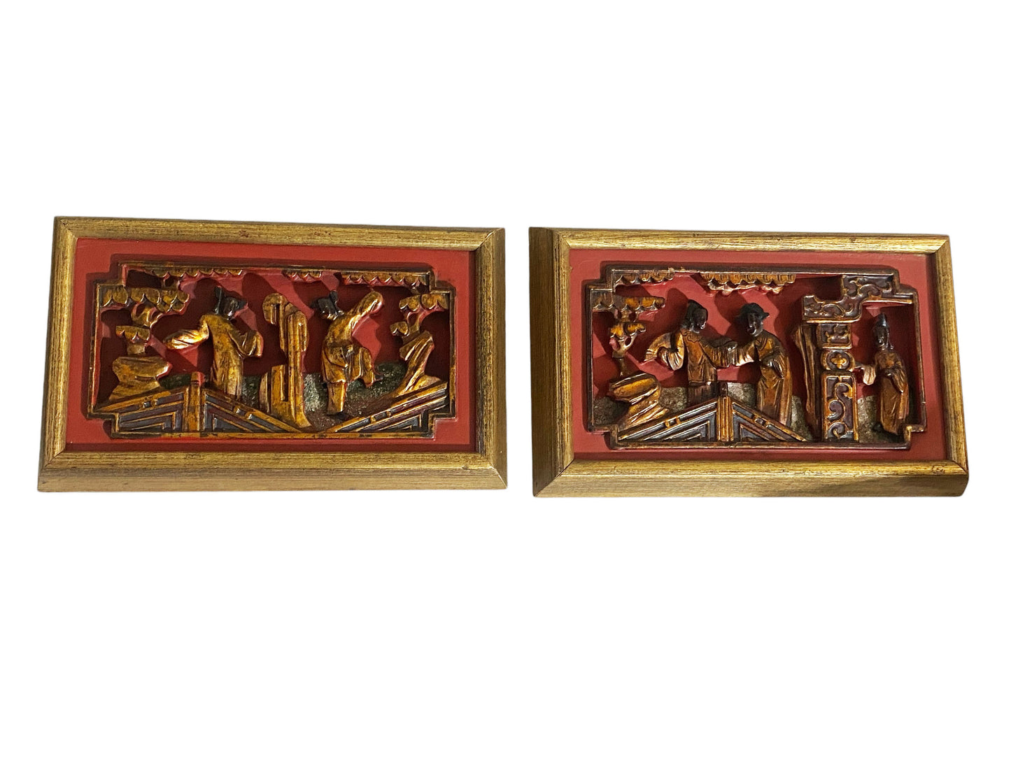 #6218 Antique Chinoiserie Wall Hanging Set of Two Plaques/Panels Framed .