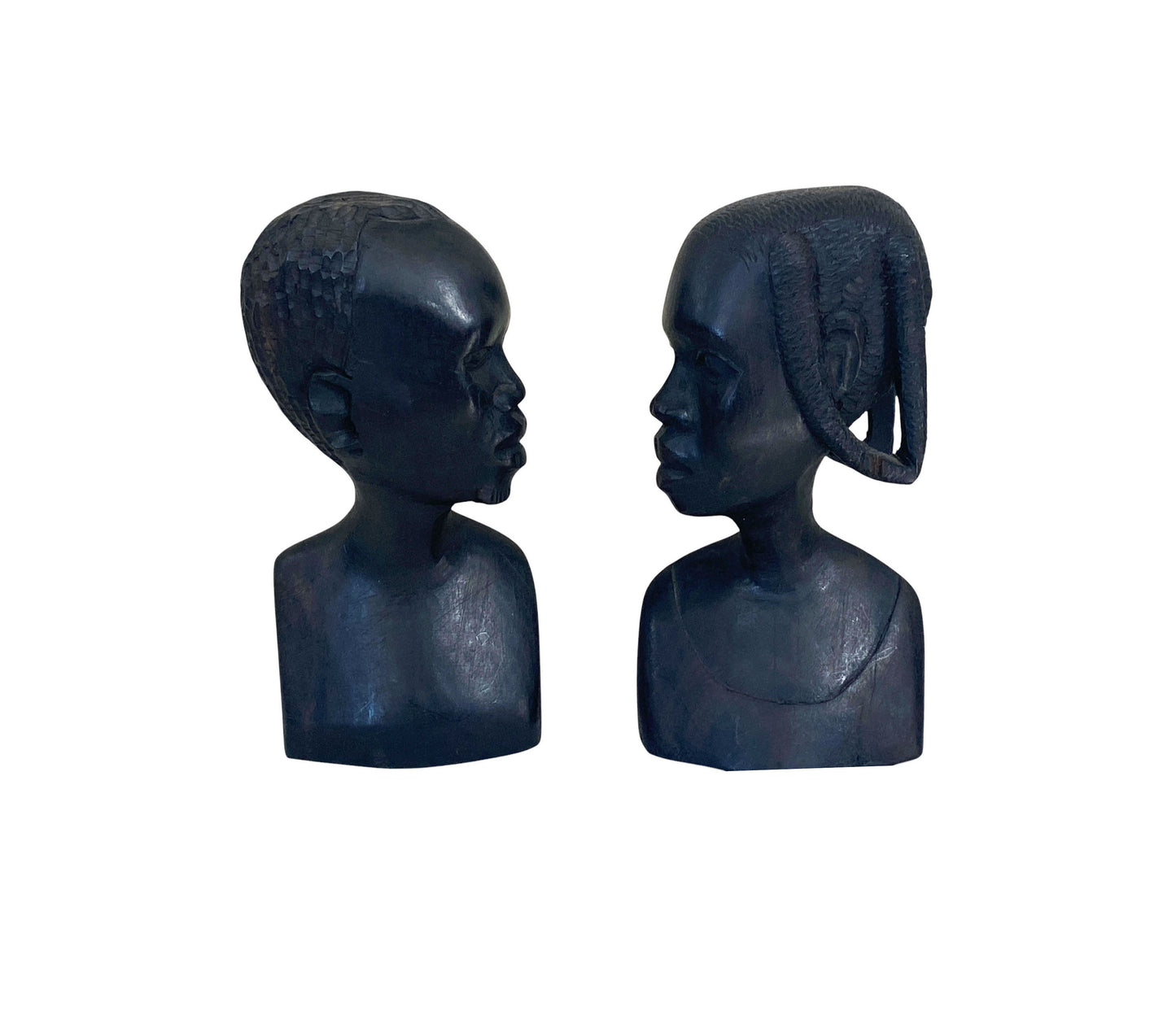 #6377 Vintage African Ebony Wood Man And Woman Sculpture Bust Black Folk Art 6.75" h