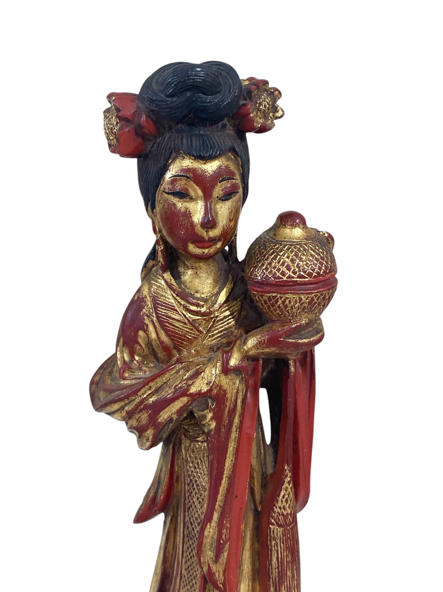 #6435 Chinoiserie Sculpture Wood of a Female Deity on Marble Stand