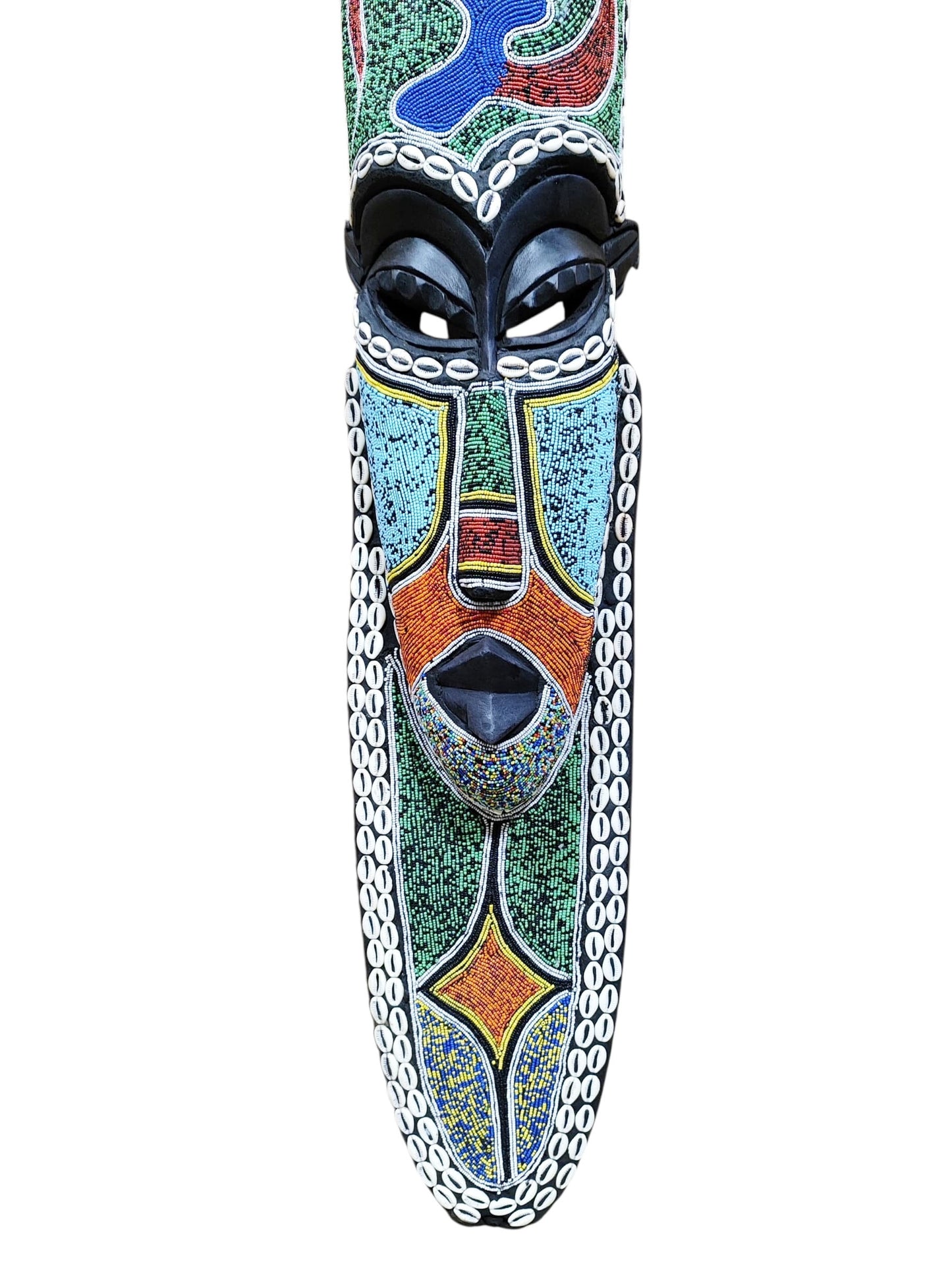 #6836 Large African Beaded Ghana Bakota Hand Carved Mask Wall Art 62.5" H