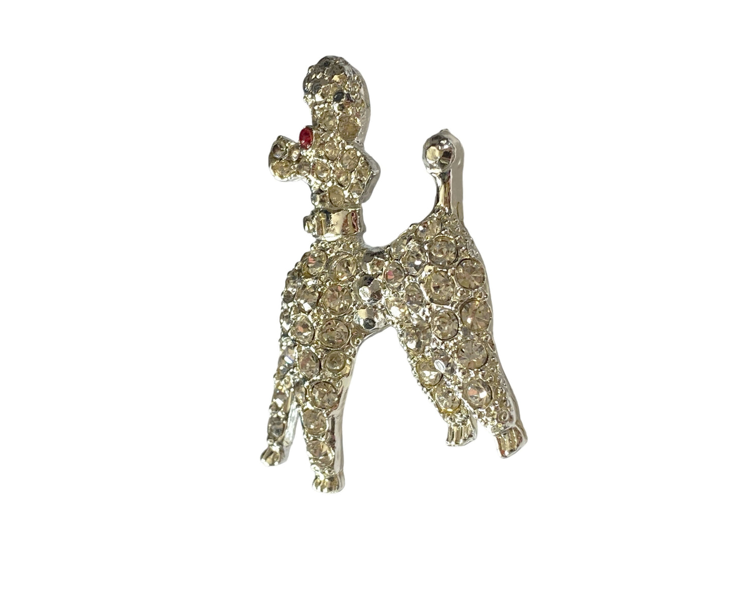 #6114 Vintage Rhinestone Poodle Brooch Pin Silver Tone - Dog