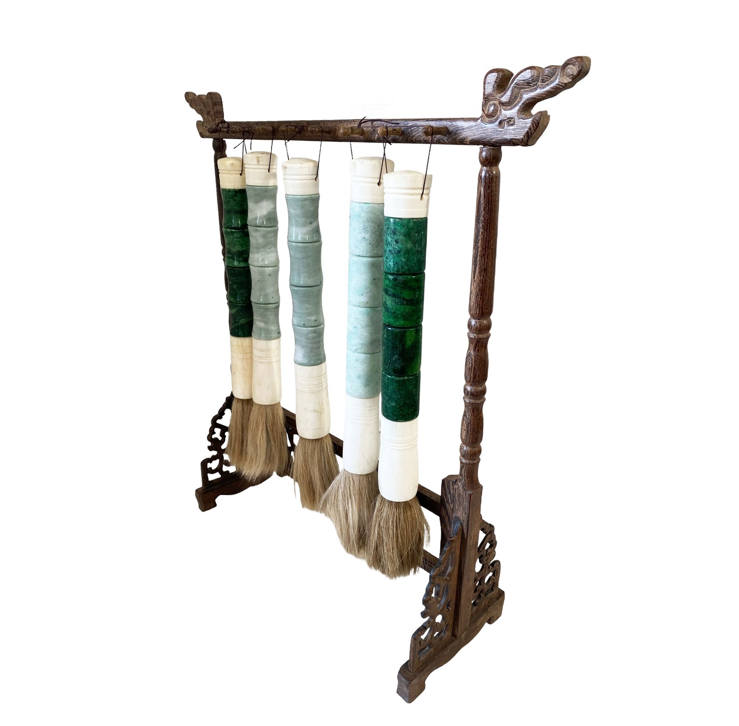 #6135 Chinoiserie Chicken Wood Stand With Five Calligraphy Brushes 19" H