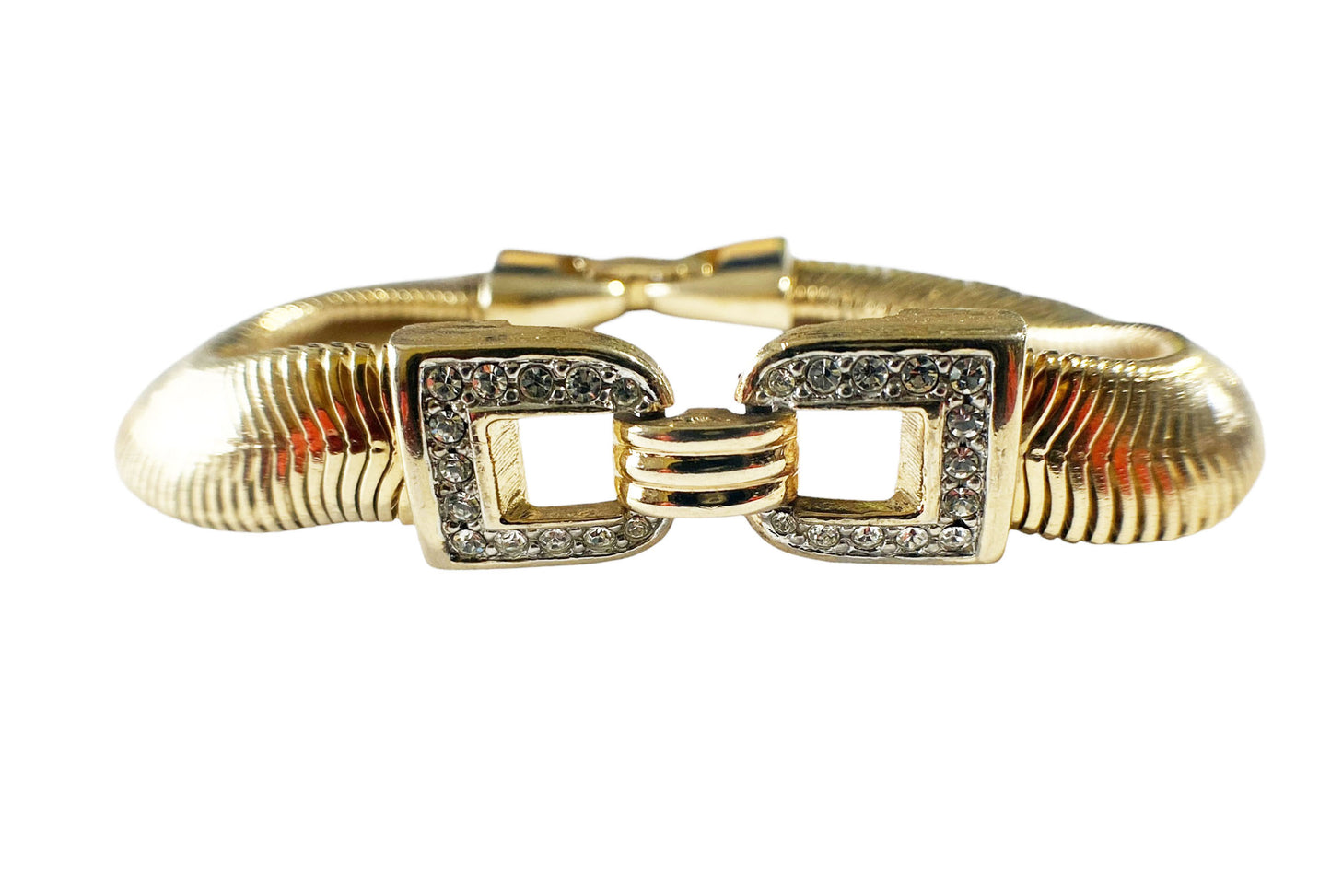 #6197 Vintage Gold Tone  Weave Link Diamond Bow Bracelet 8"