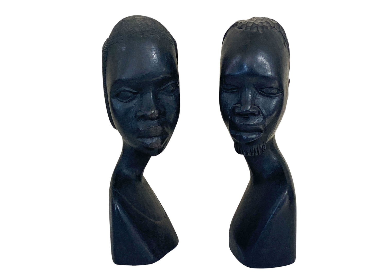 #6377 Vintage African Ebony Wood Man And Woman Sculpture Bust Black Folk Art 6.75" h