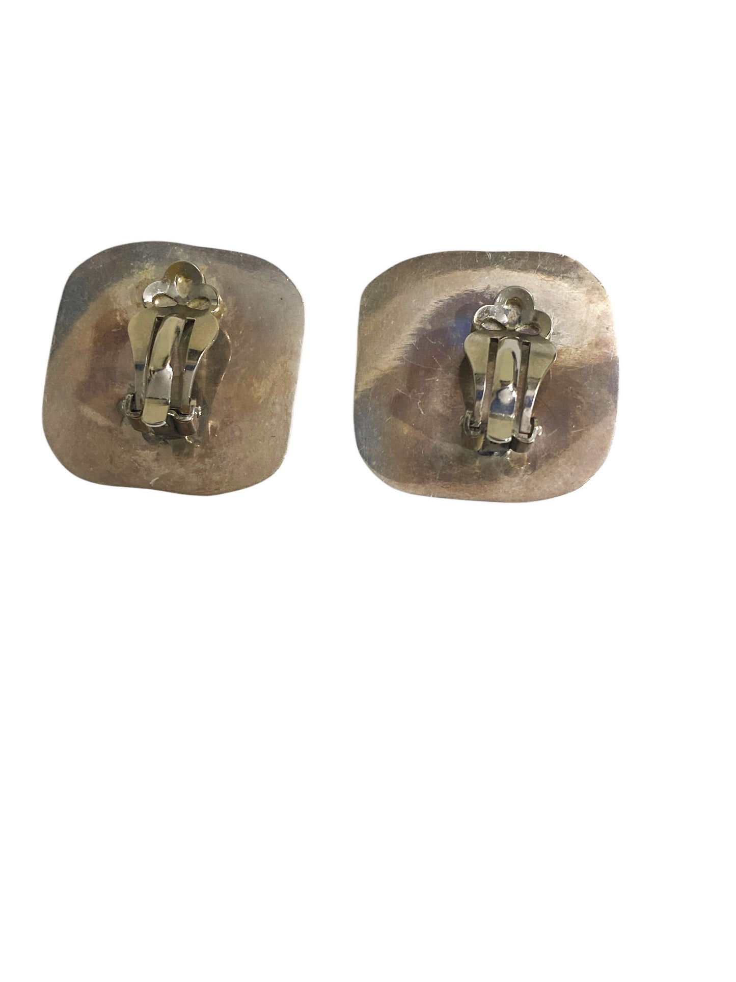 #6386 VTG Modernist Sterling Silver Mexican Clip-On Puffy Square Earrings