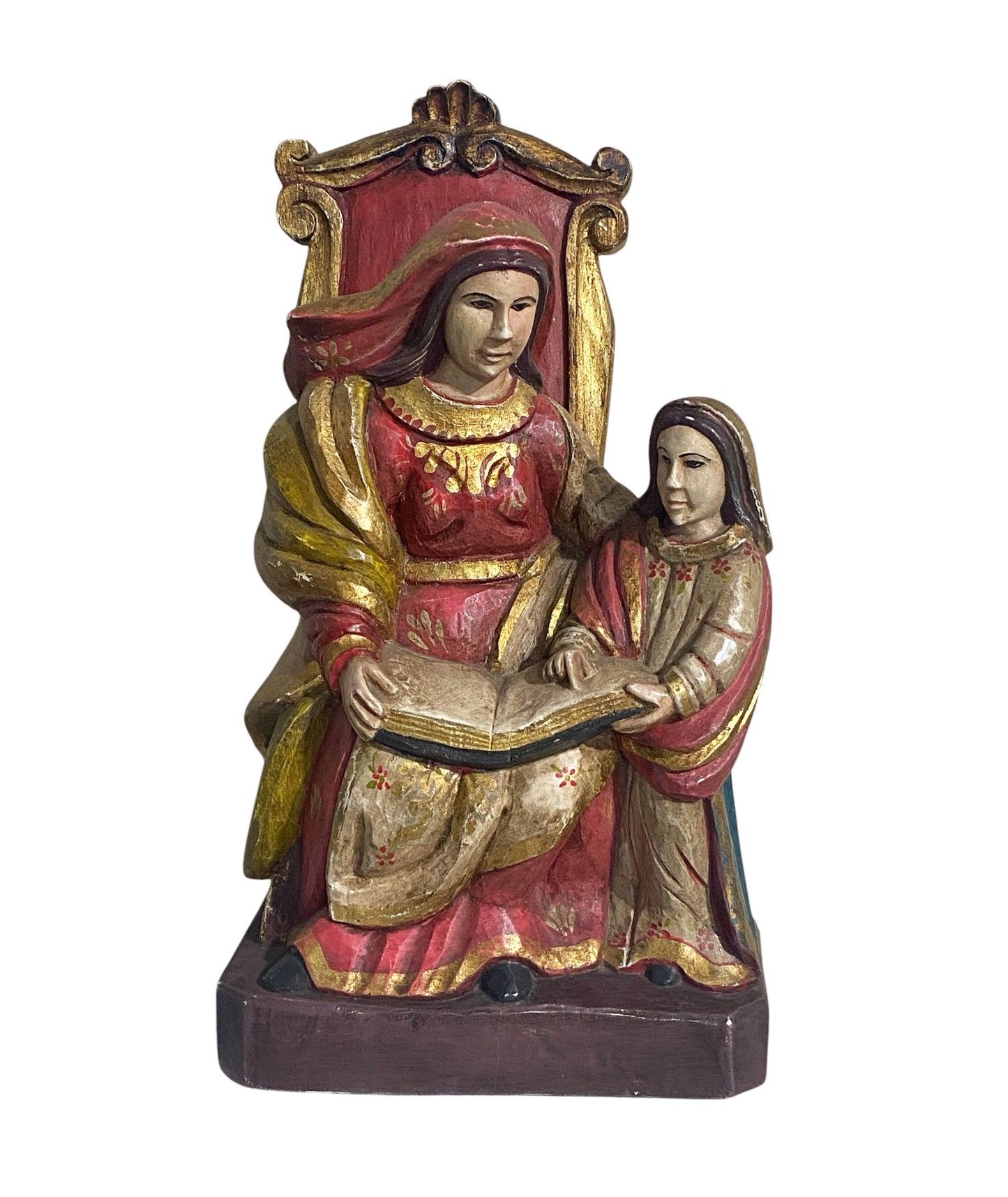 #193 Superb South American circa 1950 hand carved wood St Anne teaching Child Mary