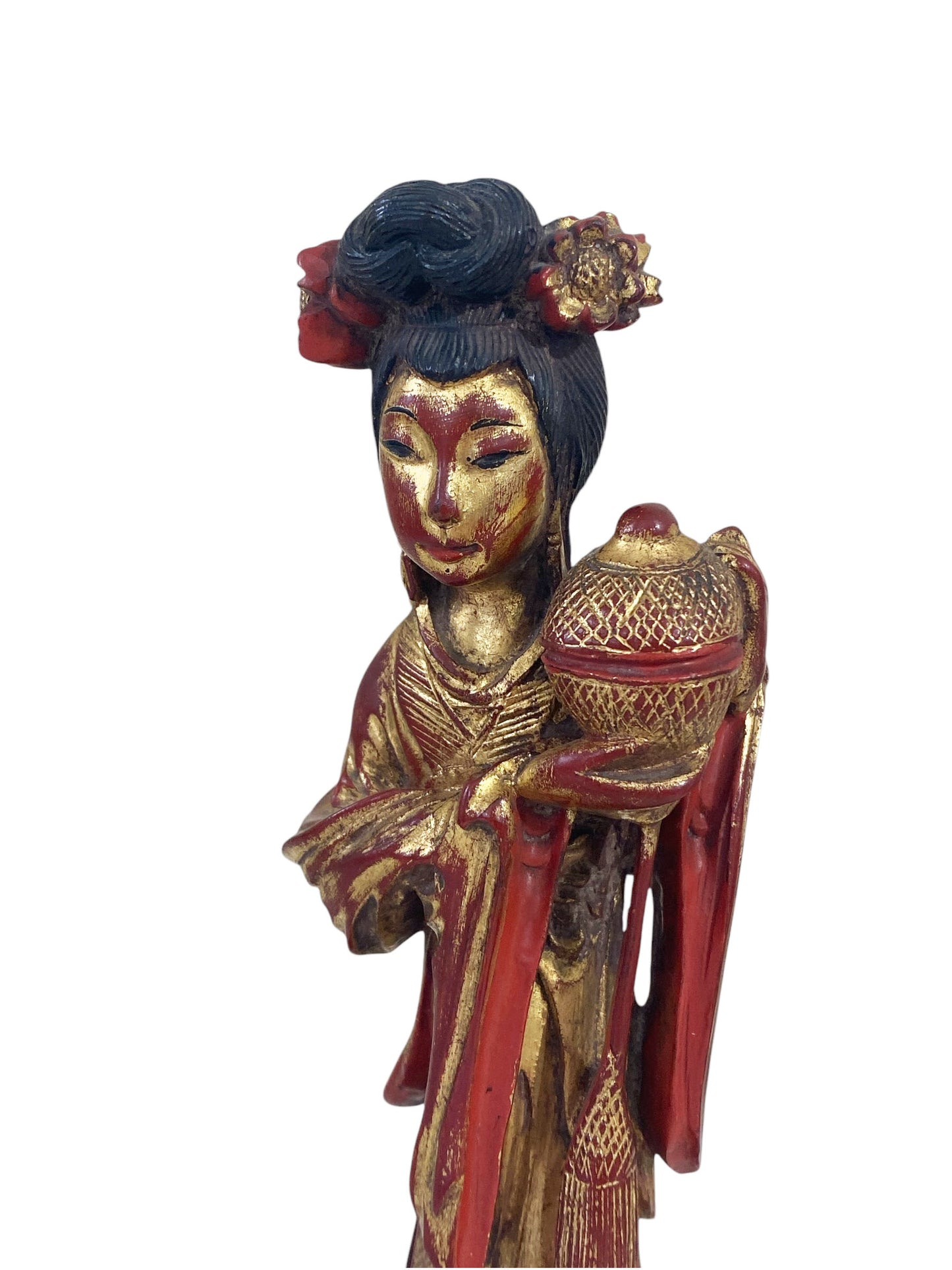 #6435 Chinoiserie Sculpture Wood of a Female Deity on Marble Stand