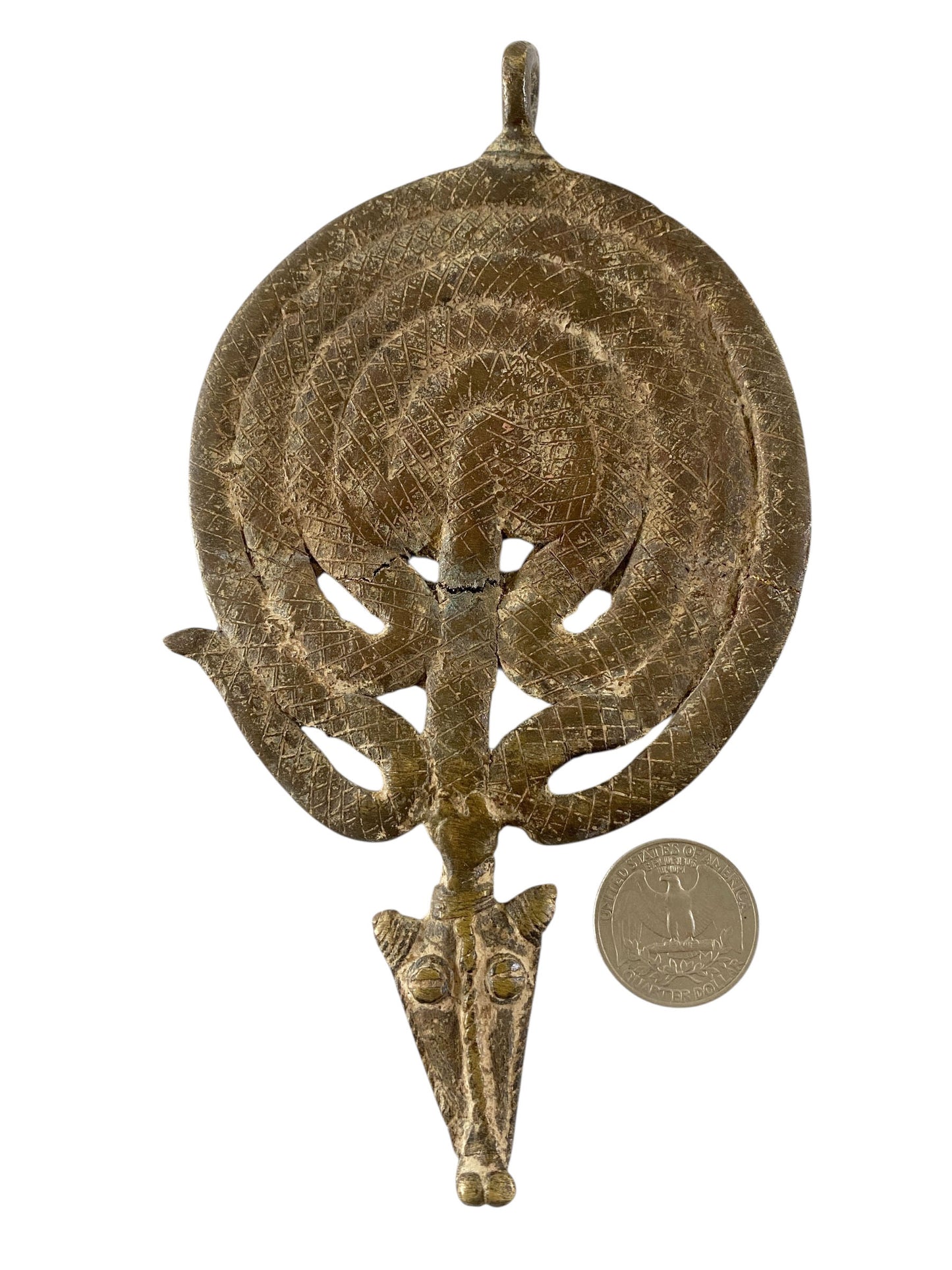 #1182 Superb Gan Bronze Amulet Pendant of Ornate Serpent Burkina Faso Africa 7" H