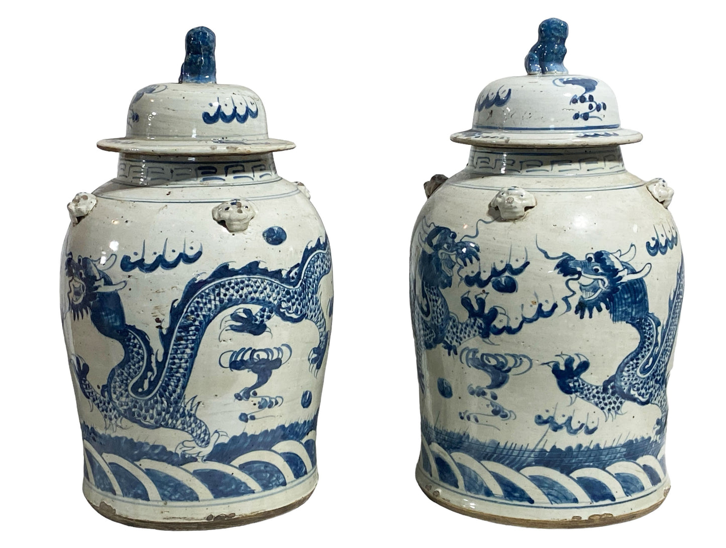 #6099 Large Chinoiserie Dragons Ginger Jars pair 18" H