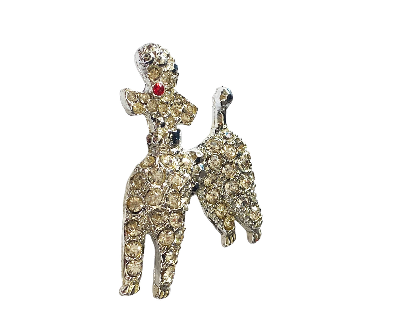 #6114 Vintage Rhinestone Poodle Brooch Pin Silver Tone - Dog