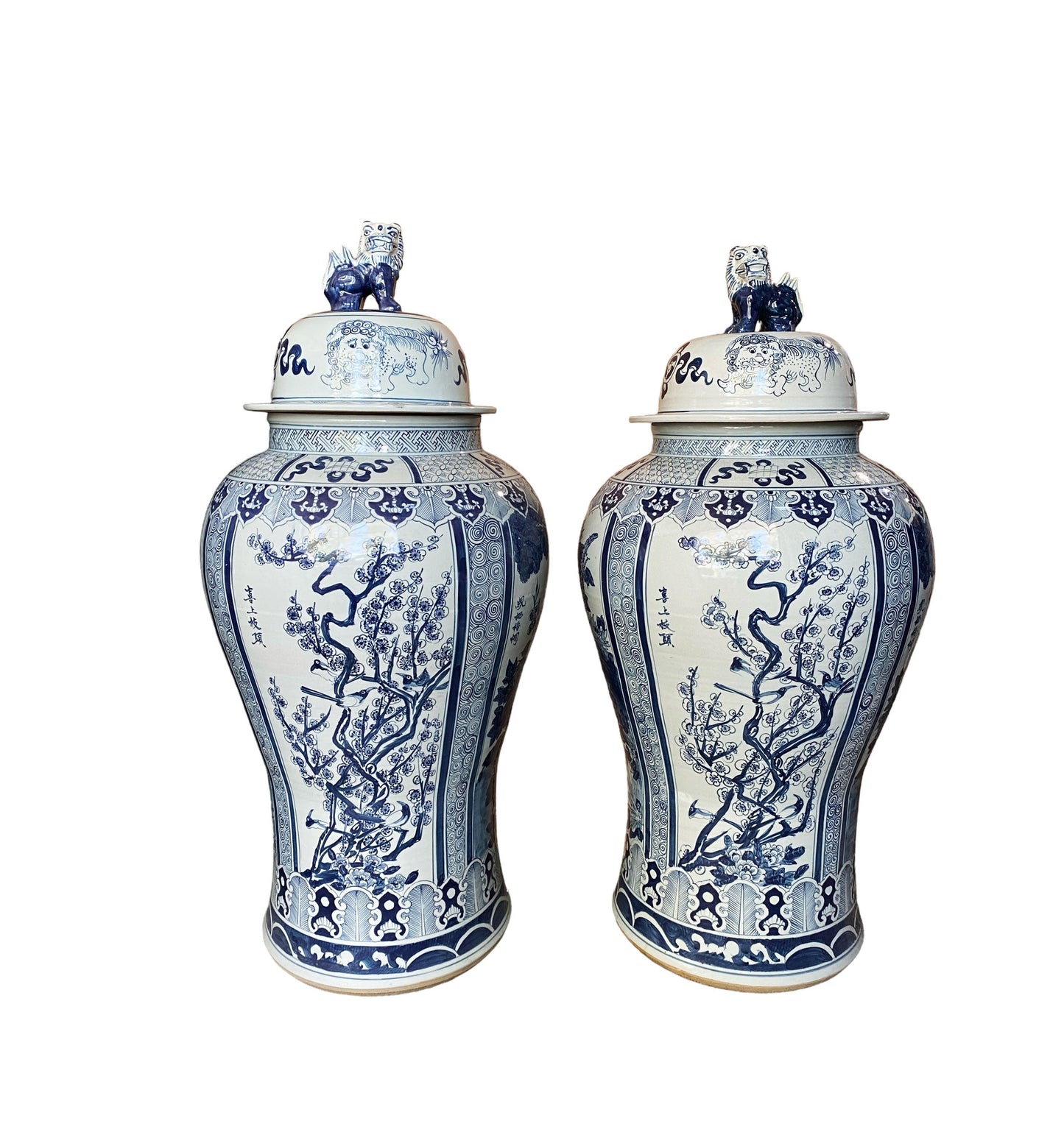 #6174 Mansion Size Chinoiserie B & W Porcelain Ginger Jars four seasons 47" H