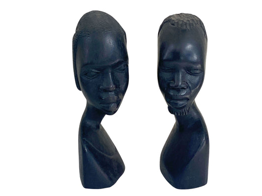 #6377 Vintage  African Ebony Wood Man And Woman Sculpture Bust Black Folk Art 6.75" h