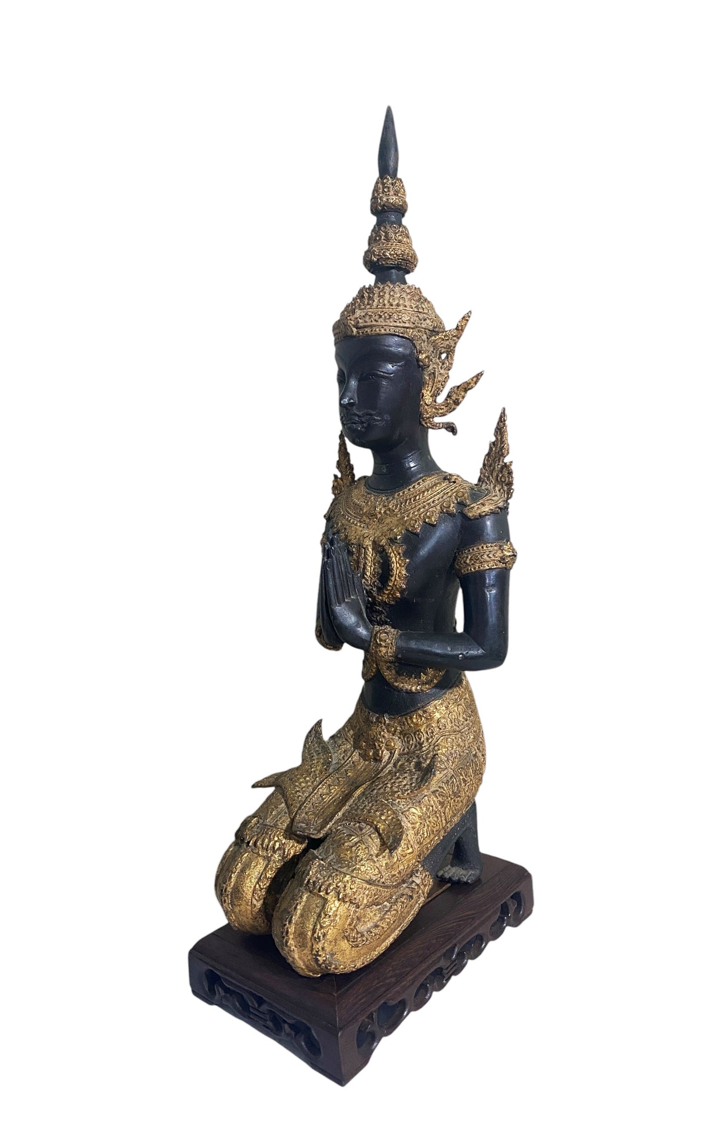 #5679 Vintage Gilt Bronze Thai Statue Teppanom Sacred Guardian Angel Sculpture Statue On Stand 19.5" H