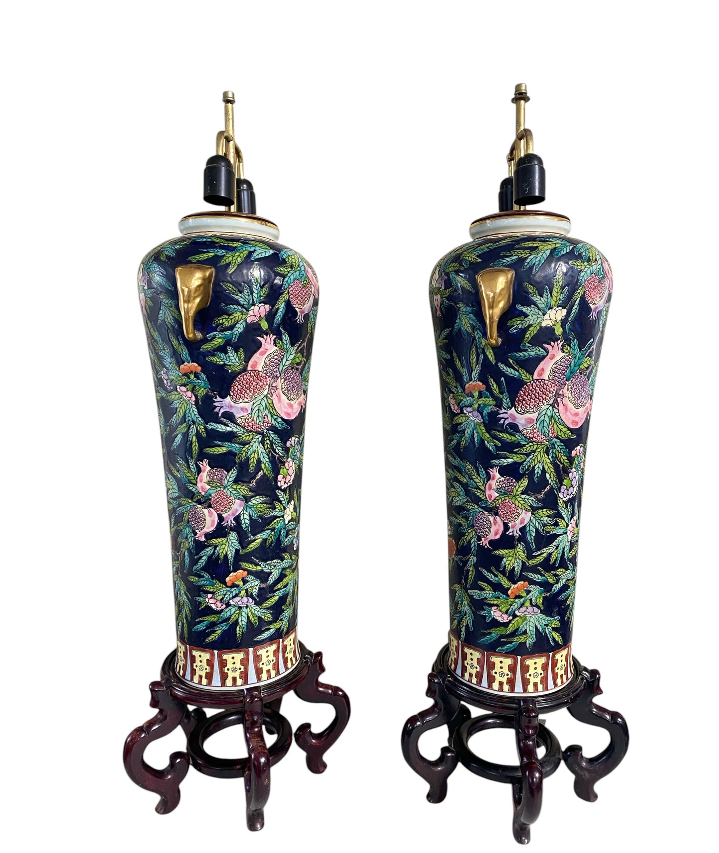 #6416 Vintage Pair of Chinoiserie Porcelain Famille Rose lamps on stands 39" H