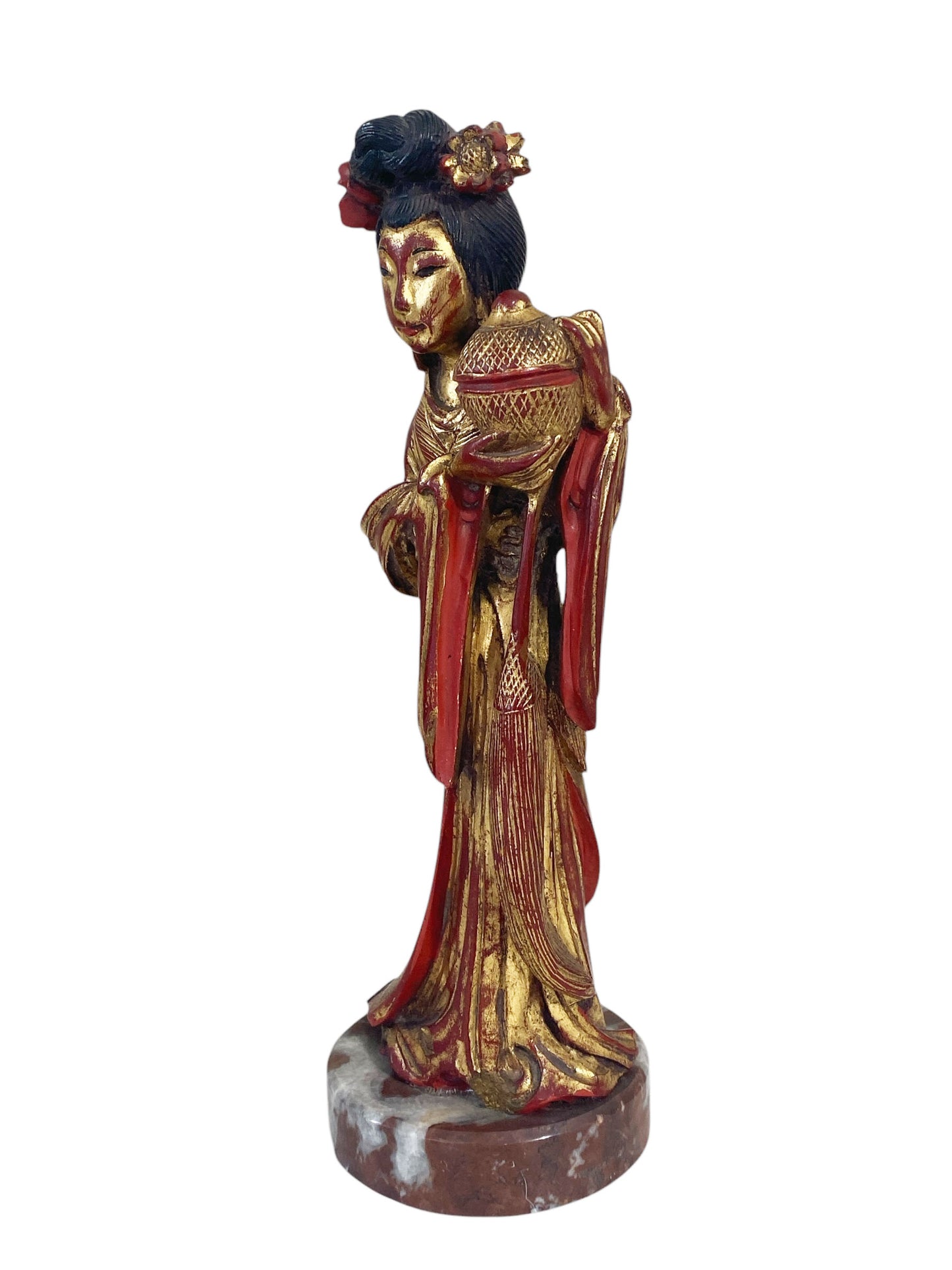 #6435 Chinoiserie Sculpture Wood of a Female Deity on Marble Stand
