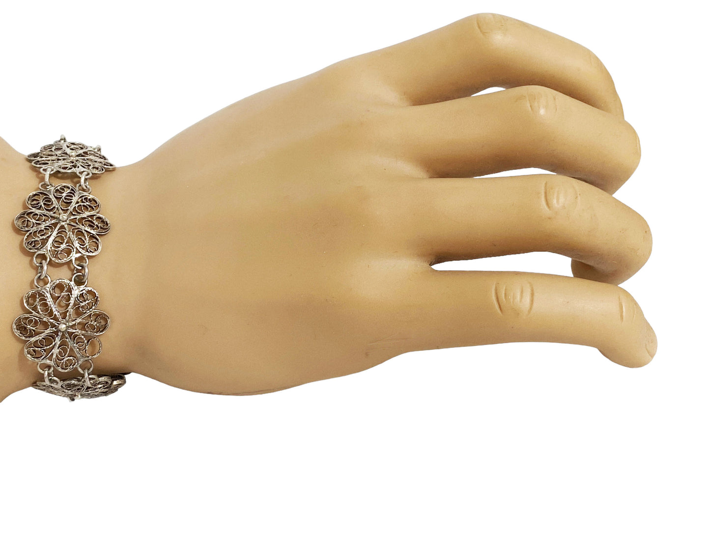 #7250 Vintage Silver Portuguese Floral Filigree Panel Link Vintage Bracelet