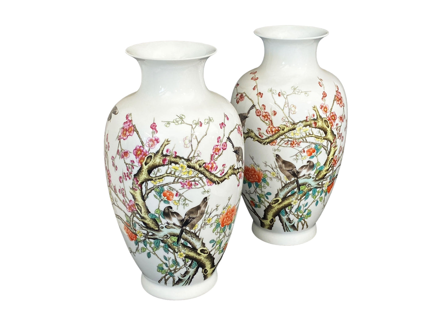 #6133 Chinoiserie Pair of Porcelain Egg Shell Vases 14" H