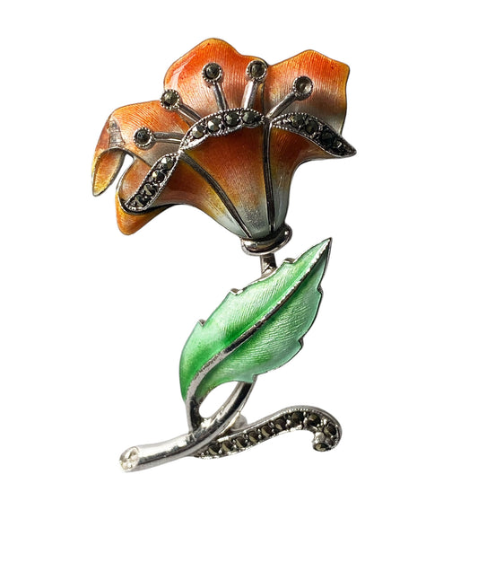#6276 Vintage Sterling Silver Enamel Marcasite  Flower  Brooch