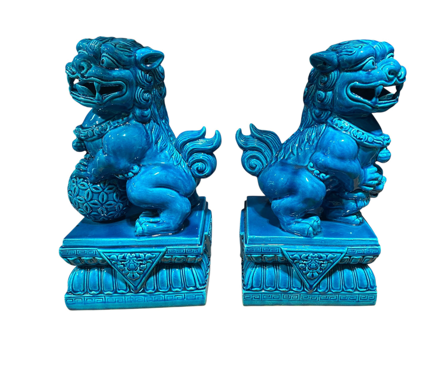 #6799 Vintage Porcelain Turquoise Foo Dogs - A Pair 11.5" H