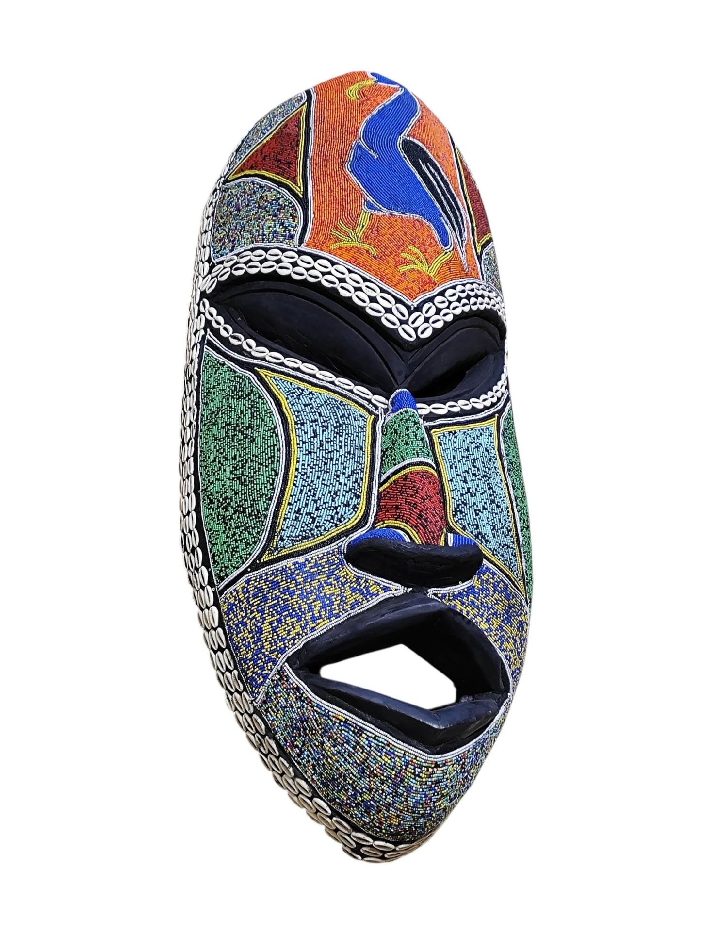 #6834 Large African Beaded Ghana Bakota Hand Carved Mask Wall Art 37.5" H