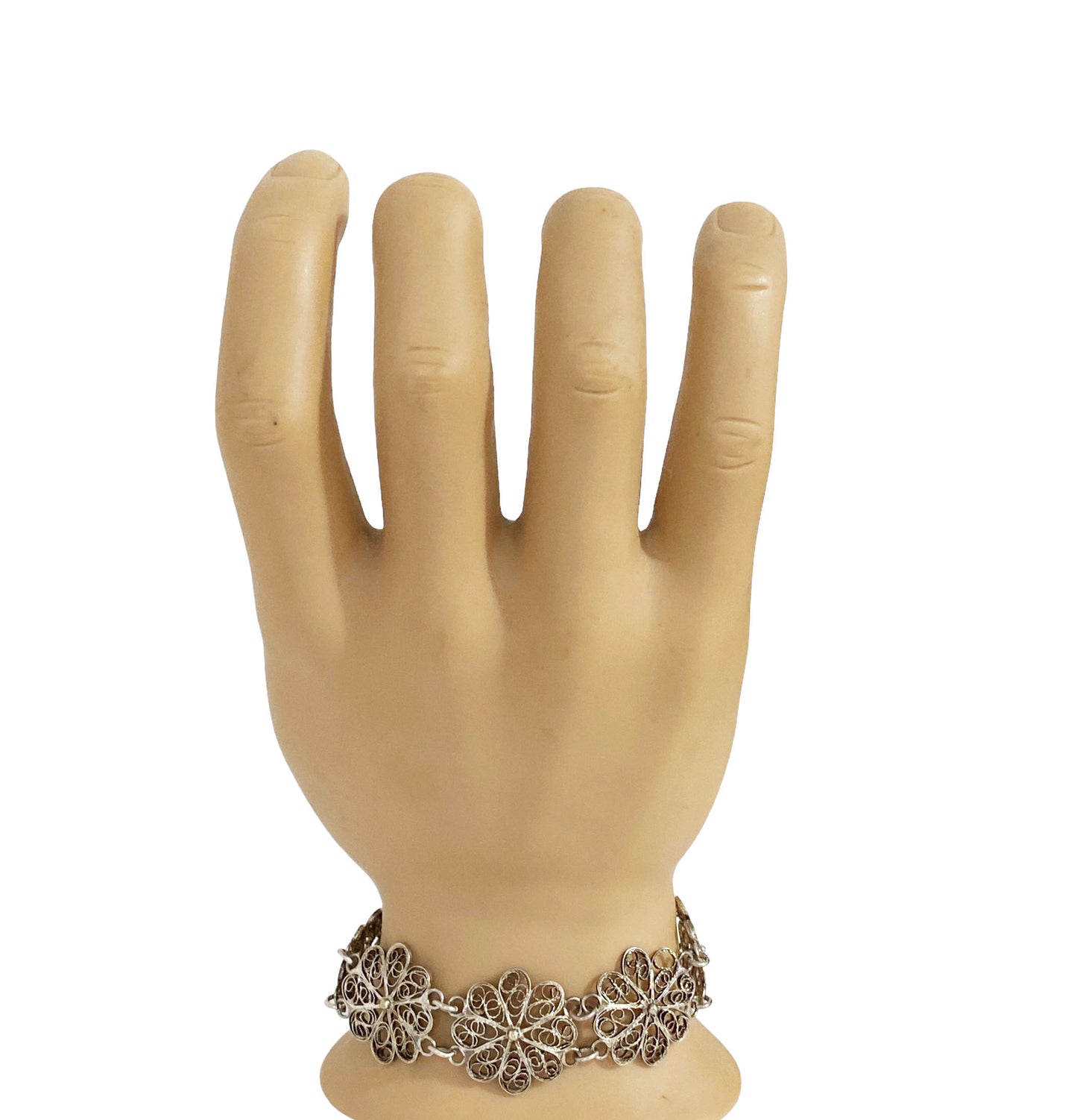 #7250 Vintage Silver Portuguese Floral Filigree Panel Link Vintage Bracelet