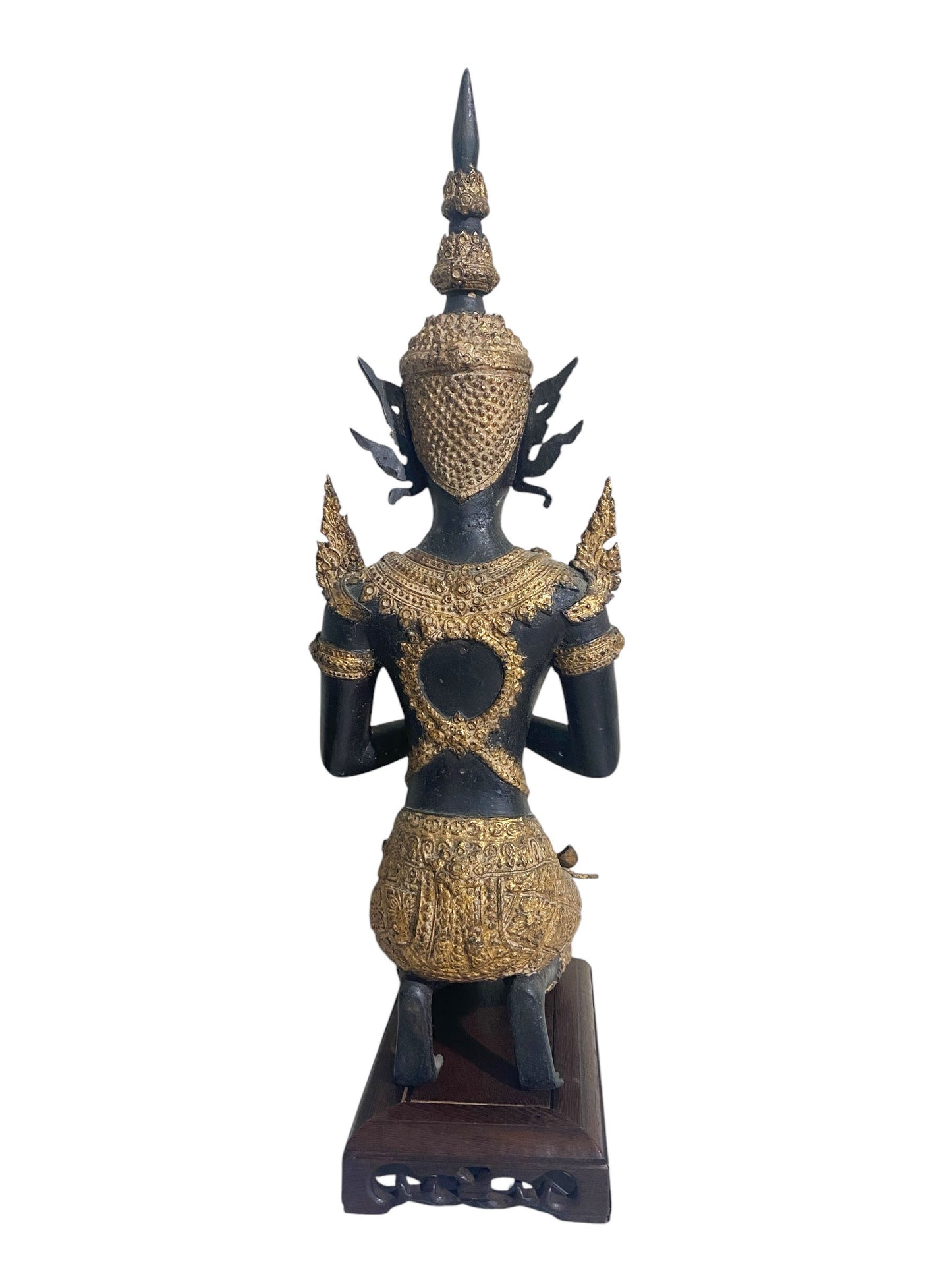 #5679 Vintage Gilt Bronze Thai Statue Teppanom Sacred Guardian Angel Sculpture Statue On Stand 19.5" H