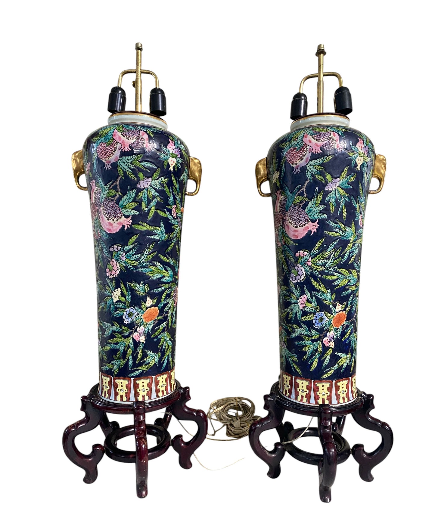 #6416 Vintage Pair of Chinoiserie Porcelain Famille Rose lamps on stands 39" H