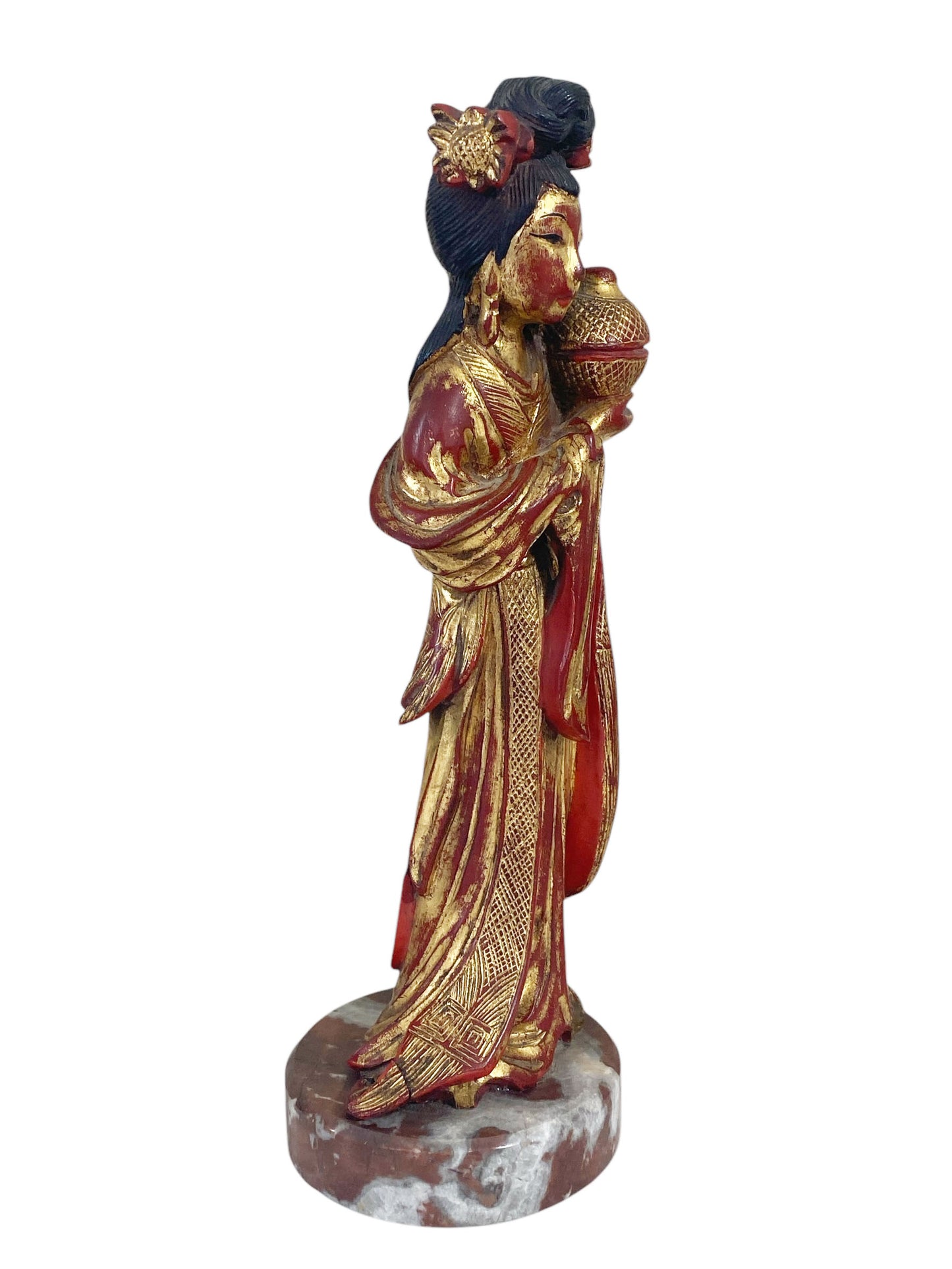 #6435 Chinoiserie Sculpture Wood of a Female Deity on Marble Stand