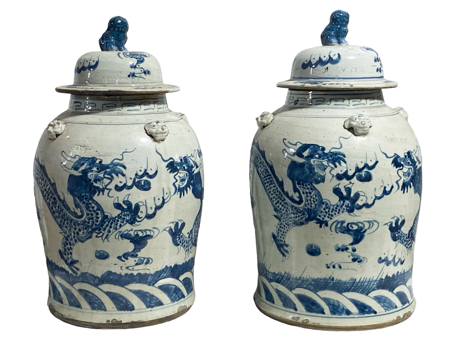 #6099 Large Chinoiserie Dragons Ginger Jars pair 18" H